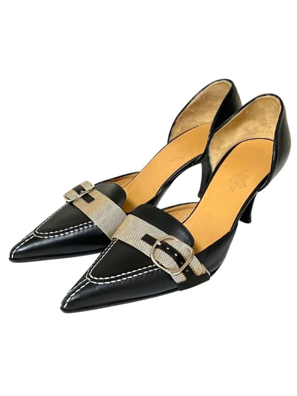 Hermes Hapi Belt Pointed Toe Pumps 36 Black Heel